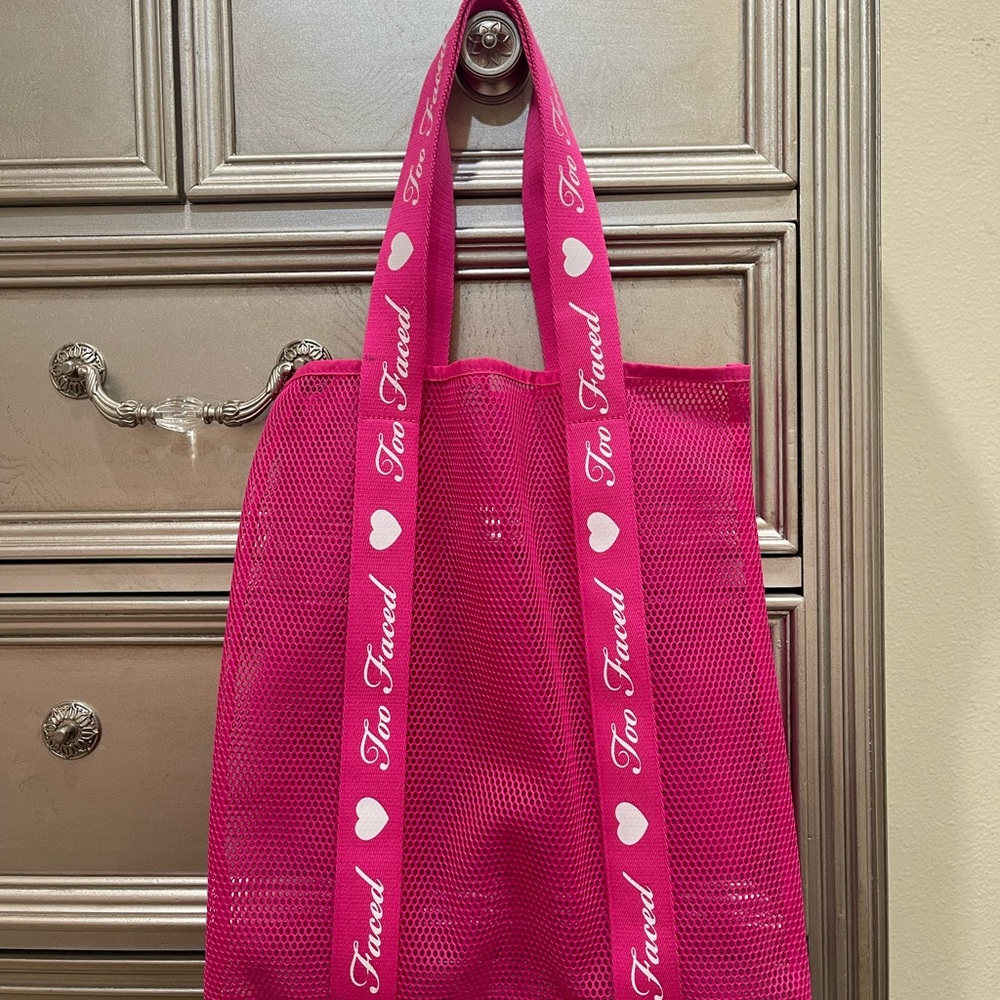 Too Faced Pink Tote Bag with Shiny Material and Croc-Embossed Design